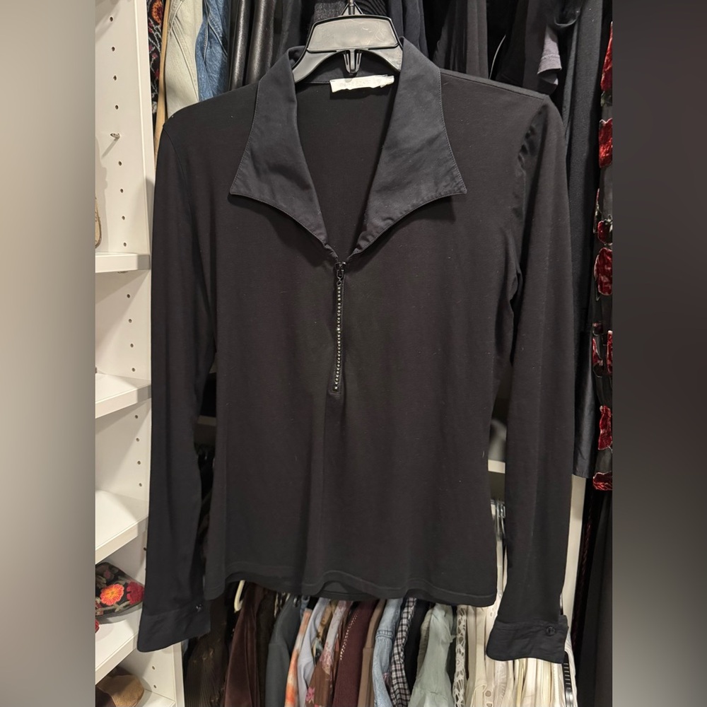 Anne Fontaine Resa Black Top, Glitzy Zipper V-Neck, Sz 40 (US 6-8)